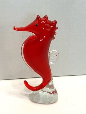 Red Art Glass Seahorse Sculpture - Decorative Accent